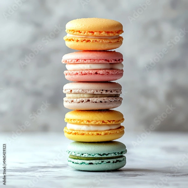 Fototapeta Five colorful macarons stacked vertically on a marble surface. Concept of elegance, dessert, and delicacy. For gourmet packaging design