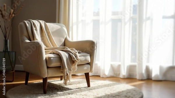 Fototapeta A cozy living room scene with folded knitted blanket on a beige armchair, neutral rug and a soft natural light entering through sheer curtains