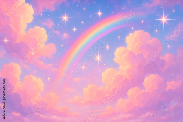 Fototapeta Magical Dream Sky with Rainbow, Sparkling Stars and Pink Clouds – AI Generated Fantasy Background
