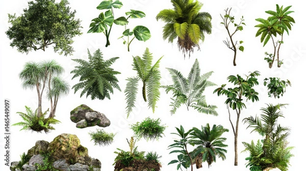 Fototapeta A collection of isolated tropical jungle flora elements including ferns, moss, trees, and rocks on a white background with clipping paths