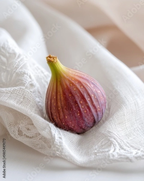 Fototapeta ripe fig resting on wrinkled white linen cloth, soft natural light, calm pastel palette and gentle texture