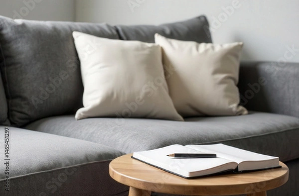 Fototapeta Monochrome interior vignette with grey sofa, off-white pillow and a minimal wooden table with an open blank notebook and a pencil, white wall in background, balanced composition
