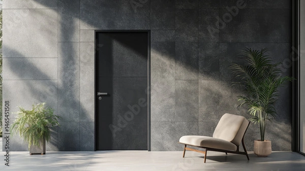 Fototapeta Black plastic modern door with a window, digitally rendered and shown ajar in a minimalistic room setting