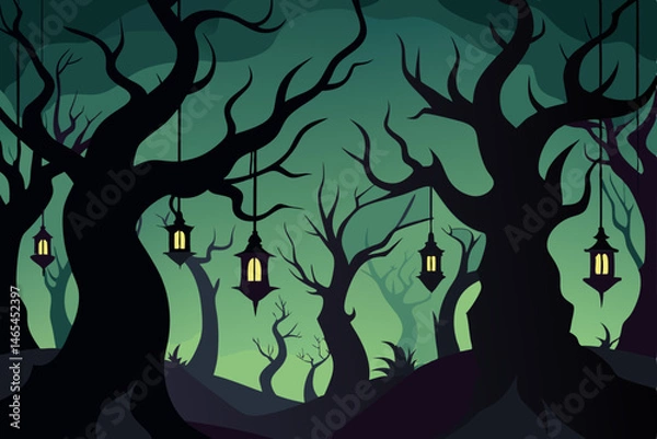 Fototapeta silhouetted forest of twisted trees with hanging 