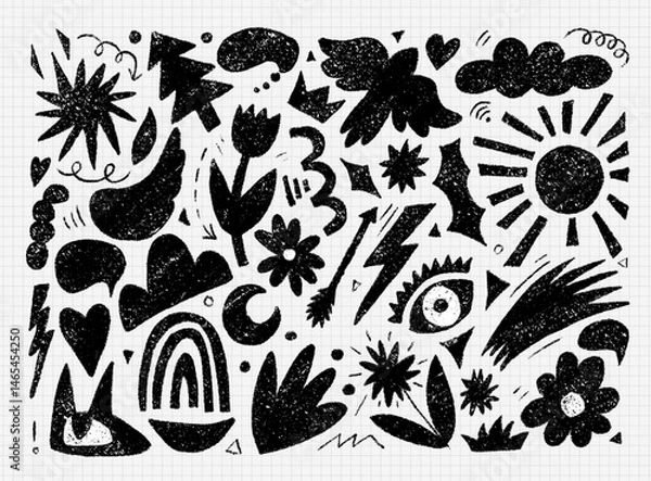 Fototapeta Funky abstract kid design objects hand drawn with charcoal. Doodle modern organic drawings. Silhouettes of bird, sun, flower, fir tree, cloud. Black vector decorative objects isolated on white.