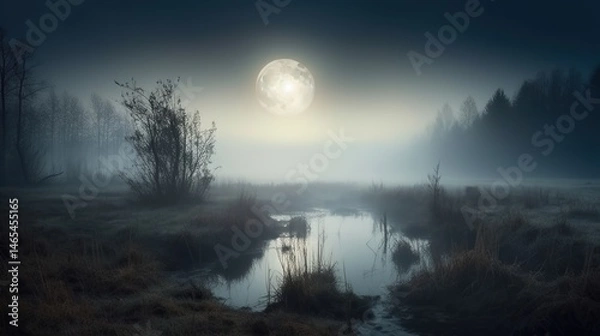 Fototapeta Misty moonlit marsh