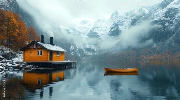 Fototapeta Serene Lake Scene With Cabin Boat And Snow Capped Mountains High Resolution Photo