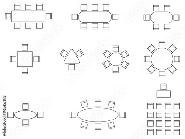 Fototapeta layout of seat plans, cafe, restaurant, classroom, dining room, customizable stroke, vector, illustration