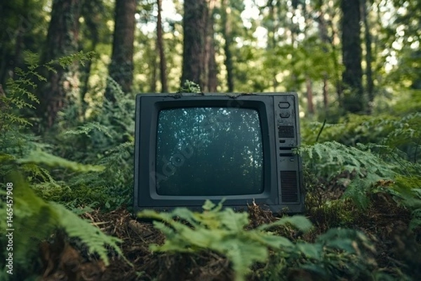 Fototapeta Old analog television set left in a forest, accumulating moss and dirt, symbolizing the impact of technology on nature and the disconnect from the natural world