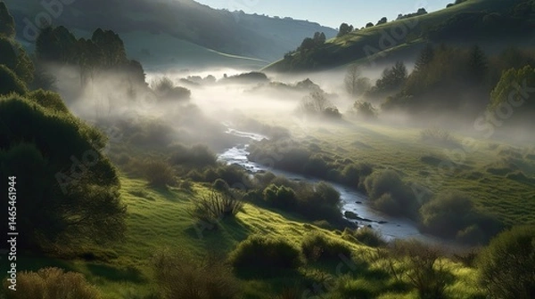 Fototapeta Misty valley stream sunrise