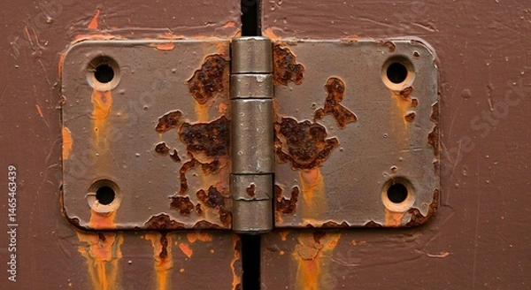 Obraz A close up of a rusty metal hinge attached to a brown painted surface with visible corrosion spots