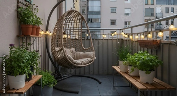 Obraz A cozy balcony with a hanging chair, plants, and string lights creating a relaxing outdoor space