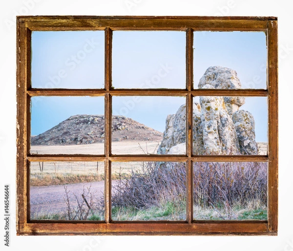 Obraz prairie with rocks and butte window view