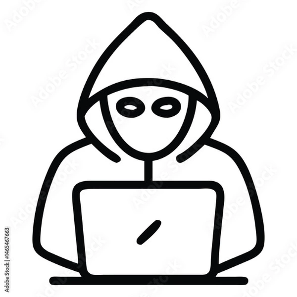 Obraz Outline depicts hooded figure working on laptop with a simple black line