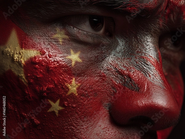 Obraz Closeup revealing Chinese flag painted on man's cheek, expressing national pride and cultural identity