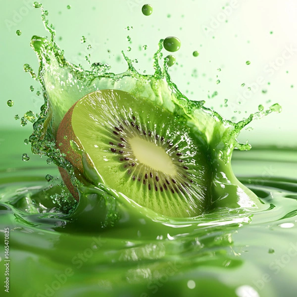 Obraz Fresh green kiwi fruit slice drops into clear water with a juicy splash and bubbles
