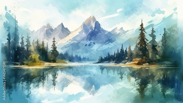 Fototapeta Mountain lake landscape painting