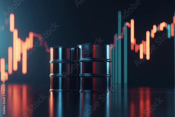 Obraz Two barrels are on a table in front of a graph. The graph is red, green, and blue, and it looks like it's showing a stock market