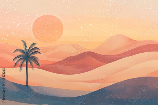 Fototapeta palm tree is standing in the desert with a large sun in the background. The sky is a mix of orange and blue, creating a warm and peaceful atmosphere