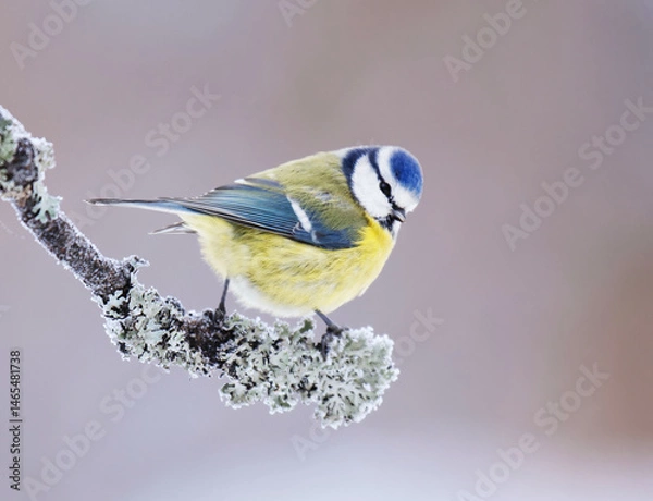 Obraz Eurasian blue tit (Cyanistes caeruleus) sitting on a branch in the garden in winter.	
