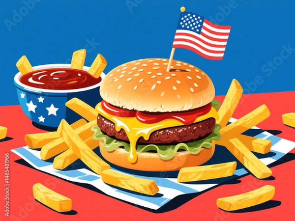 Fototapeta Patriotic Cheeseburger Feast A Vibrant Vector Illustration of a Juicy Burger with Crispy Fries and Ketchup