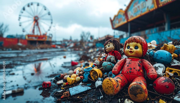 Fototapeta Close-up of a pile of dirty, broken dolls and colorful plastic toys at an abandoned amusement park against a background of rusty ferris wheels and dilapidated structures.
