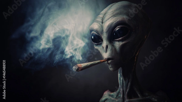 Fototapeta A hyper-realistic depiction of an alien casually smoking a blunt, blending surreal sci-fi imagery with modern subculture. Generative AI