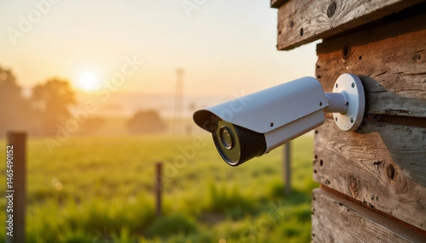 Fototapeta Security Camera Monitoring Sunrise Over Green Field  