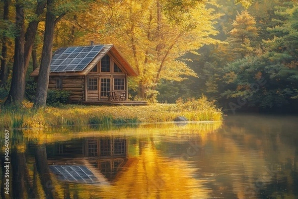 Fototapeta Rustic cabin nestled by a tranquil autumn lake.