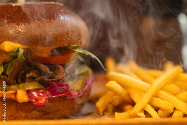 Fototapeta Closeup of hamburger and fries served at restaurant