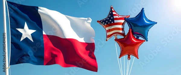 Obraz Texas State Flag with Balloons: A vibrant Texas state flag waves proudly against a clear blue sky, adorned with three colorful balloons in the shape of stars.