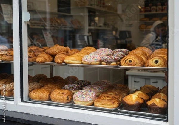 Fototapeta Assorted pastries and donuts displayed in a bakery window, showcasing a selection of sweet treats for sale, concept of retail business and food.