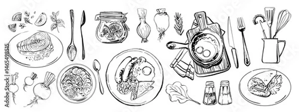 Fototapeta Meals, lunches, food in cafes and restaurants. Black ink drawing on a white background.