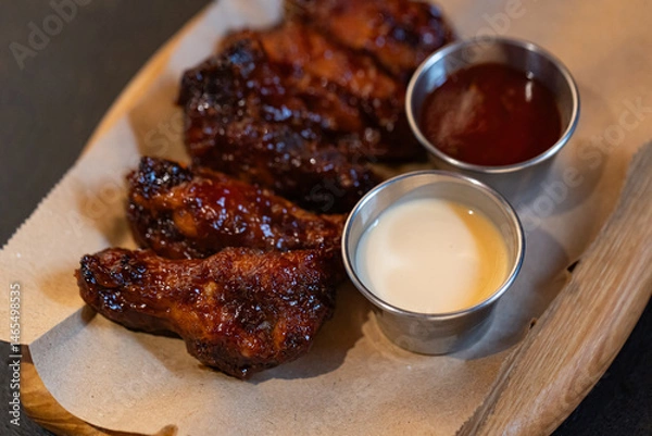 Fototapeta Closeup of chicken wings with dips served at restaurant