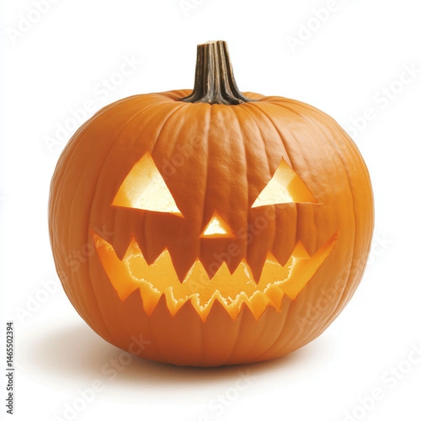Fototapeta A medium-sized carved pumpkin (Jack-o'-lantern) with a classic Halloween face design--triangular eyes and nose, with a wide, toothy grin. The pumpkin is deep orange with jagged carvings and a rough te
