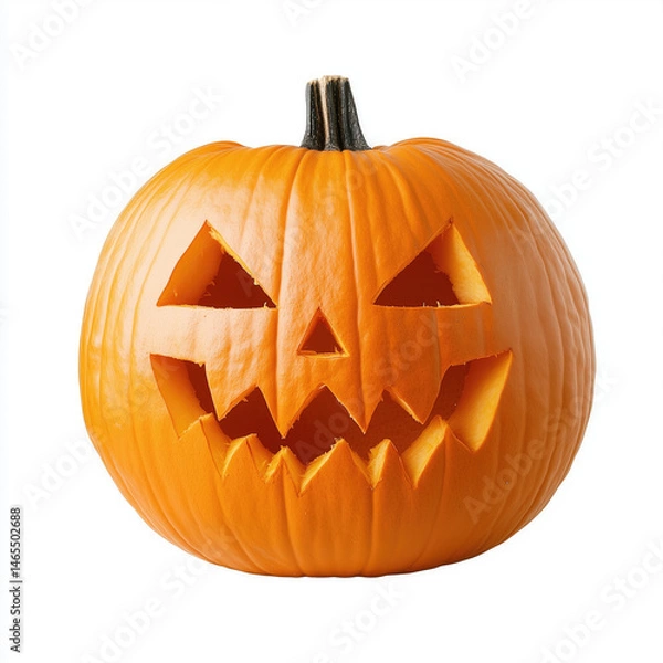Fototapeta A medium-sized carved pumpkin (Jack-o'-lantern) with a classic Halloween face design--triangular eyes and nose, with a wide, toothy grin. The pumpkin is deep orange with jagged carvings and a rough te