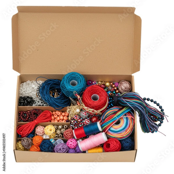 Fototapeta A cardboard box filled with various craft supplies, beads, and colorful threads ready for crafting.