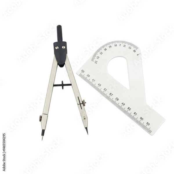 Fototapeta An open silver compass rests next to a white protractor with a transparent background.