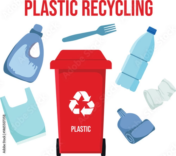Fototapeta Plastic waste recycling vector illustration set  