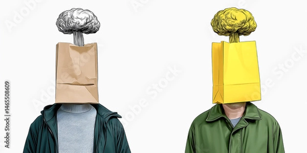 Obraz Two men wearing paper bags on their heads. They have small nuclear explosions on their heads.