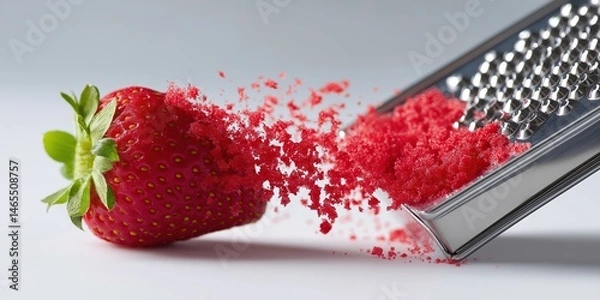Fototapeta A frozen strawberry is being crushed by a grater. Concept of destruction and chaos, as the strawberry is being torn apart by the grater. The red color of the strawberry