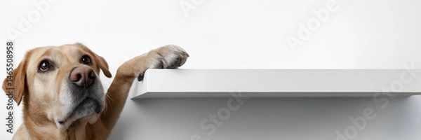 Fototapeta A dog is looking up at a shelf with its paw on it. The dog appears to be curious about the shelf or the items on it