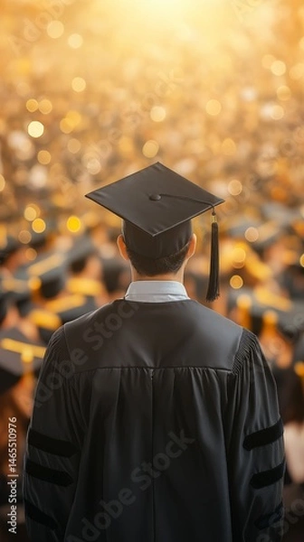 Fototapeta Back View of Graduate at University Ceremony, Surrounded by Fellow Graduates