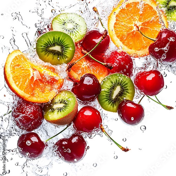 Fototapeta Vivid Punch Fruit Pop Dynamic Mix of Cherry Orange Splash Isolated on Transparent Background