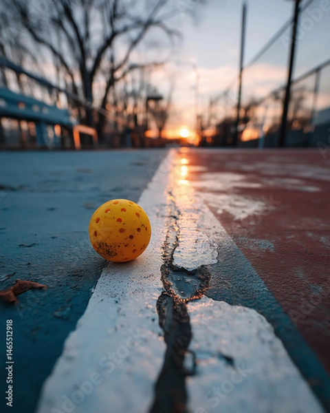 Fototapeta A close up view of a bright yellow pickle ball rests on the court. The sun sets in the background, casting an orange glow over the blue and red surfaces. Shadows stretch across the ground.