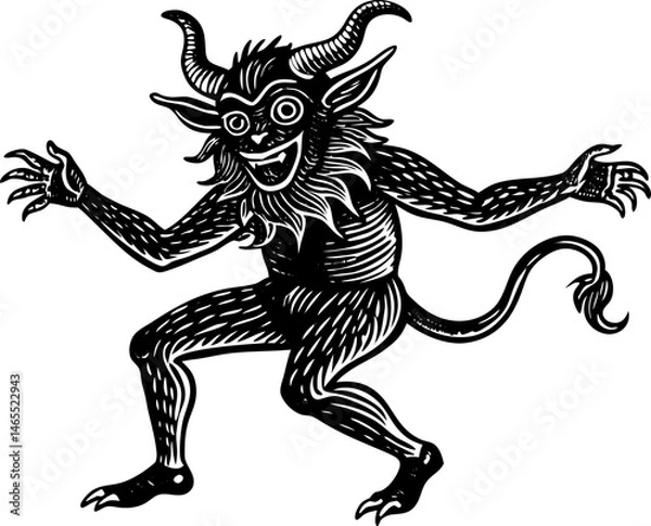 Fototapeta dancing devil with horns and tail, showcasing a mischievous and playful character sketch Linocut vector