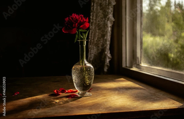 Obraz A peony in a glass vase on the background of a window.A burgundy peony flower in a vase.