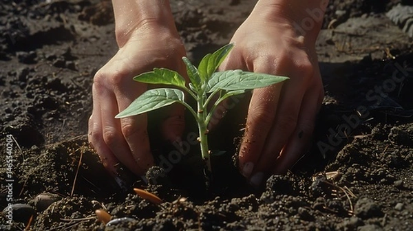 Fototapeta Hands gently planting a small seedling in dark soil under sunlight in a close up shot of nature scene .