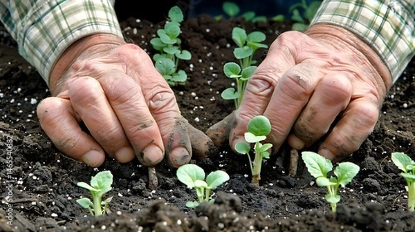 Fototapeta A person planting small seedlings in dark soil with visible hands and a checkered shirt sleeve showing .