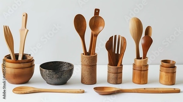 Fototapeta Arrangement of wooden kitchen utensils including spoons bowls and slotted serving spoons on a white surface .